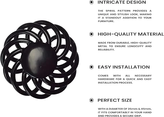Black iron birdcage cupboard knob with matte black finish, 35mm diameter, vintage decorative design on white background