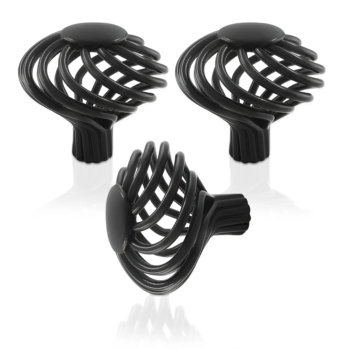 Black iron door knob shaped like a vintage birdcage with matte finish, 35mm diameter and height, on white background