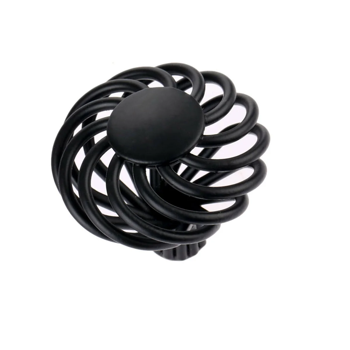 Black birdcage iron furniture knob with matte finish on wooden drawer, showing vintage decorative style and 35mm size