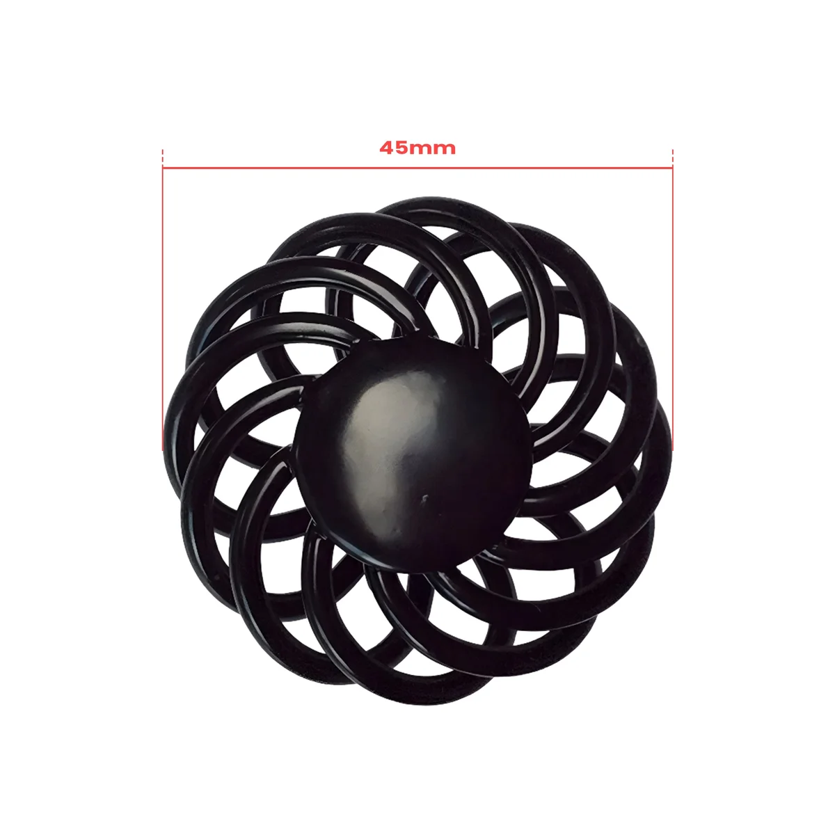 Black iron birdcage cupboard knob with matte black finish, 35mm diameter, shown on wooden drawer front