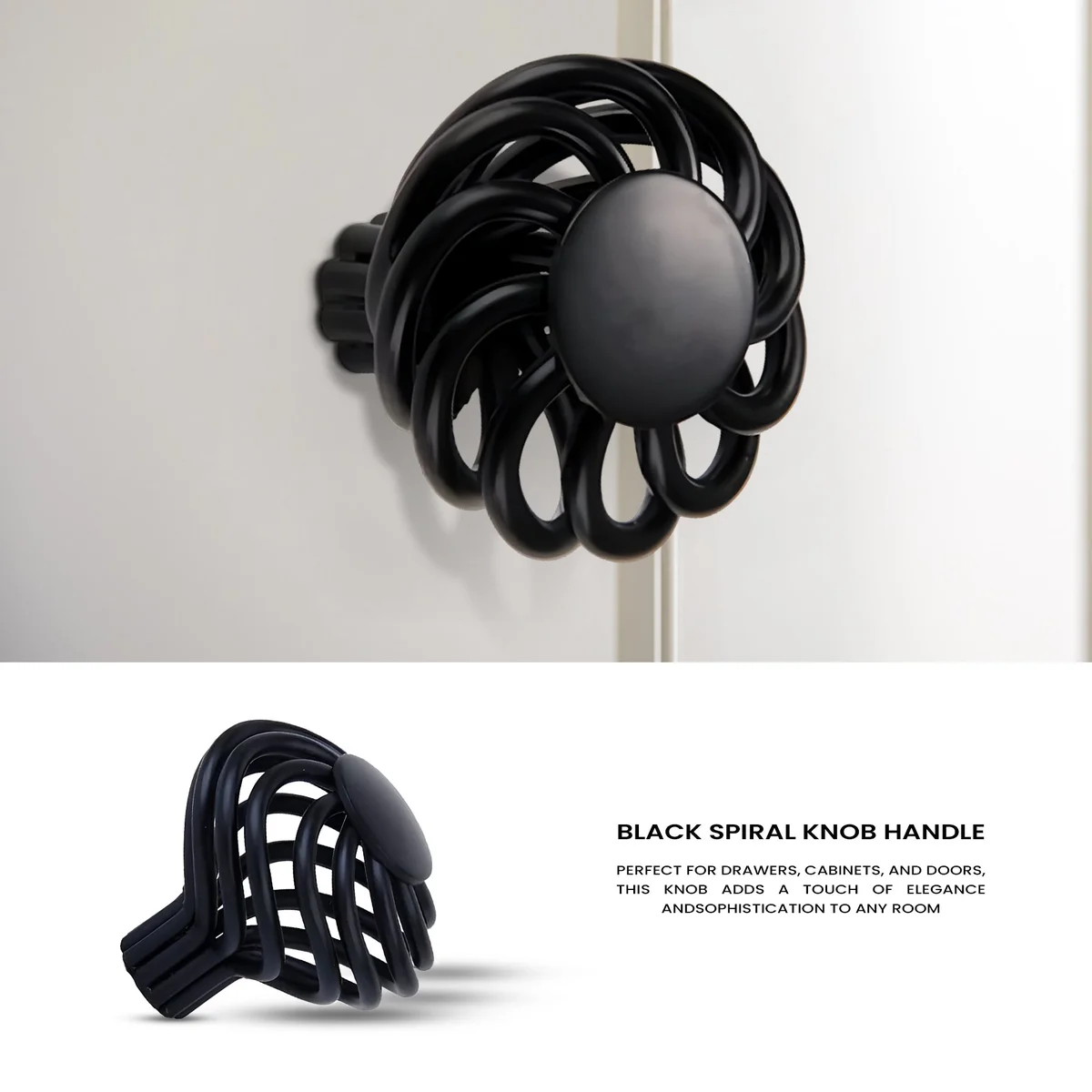 Black iron birdcage cupboard knob with matte black finish shown installed on wooden cabinet drawer front