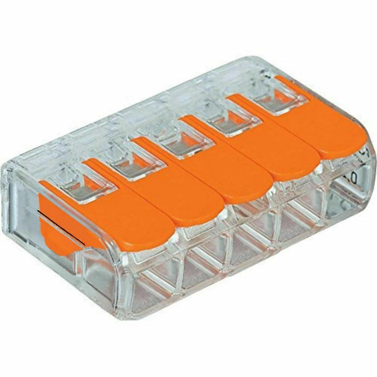 Clear and orange 32A 5-way push fit electrical connectors with spring levers for secure wire connections, 20 x 26 x 19 mm size