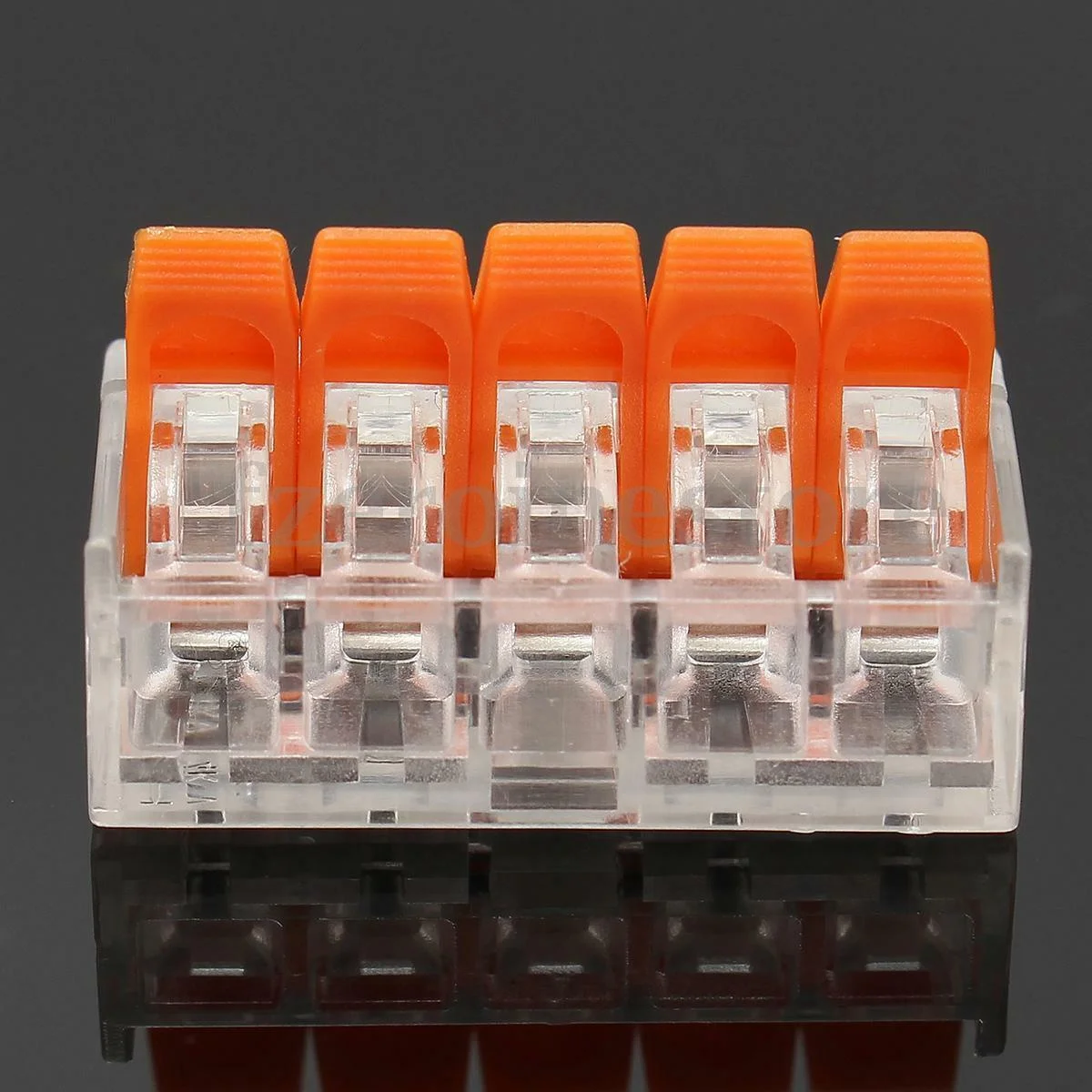 Clear and orange 5 way reusable wire connectors with spring levers for secure electrical connections, 32A rating