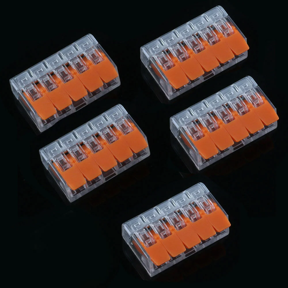 Clear and orange 5 way spring lever electrical wire connectors showing compact design and lever mechanism