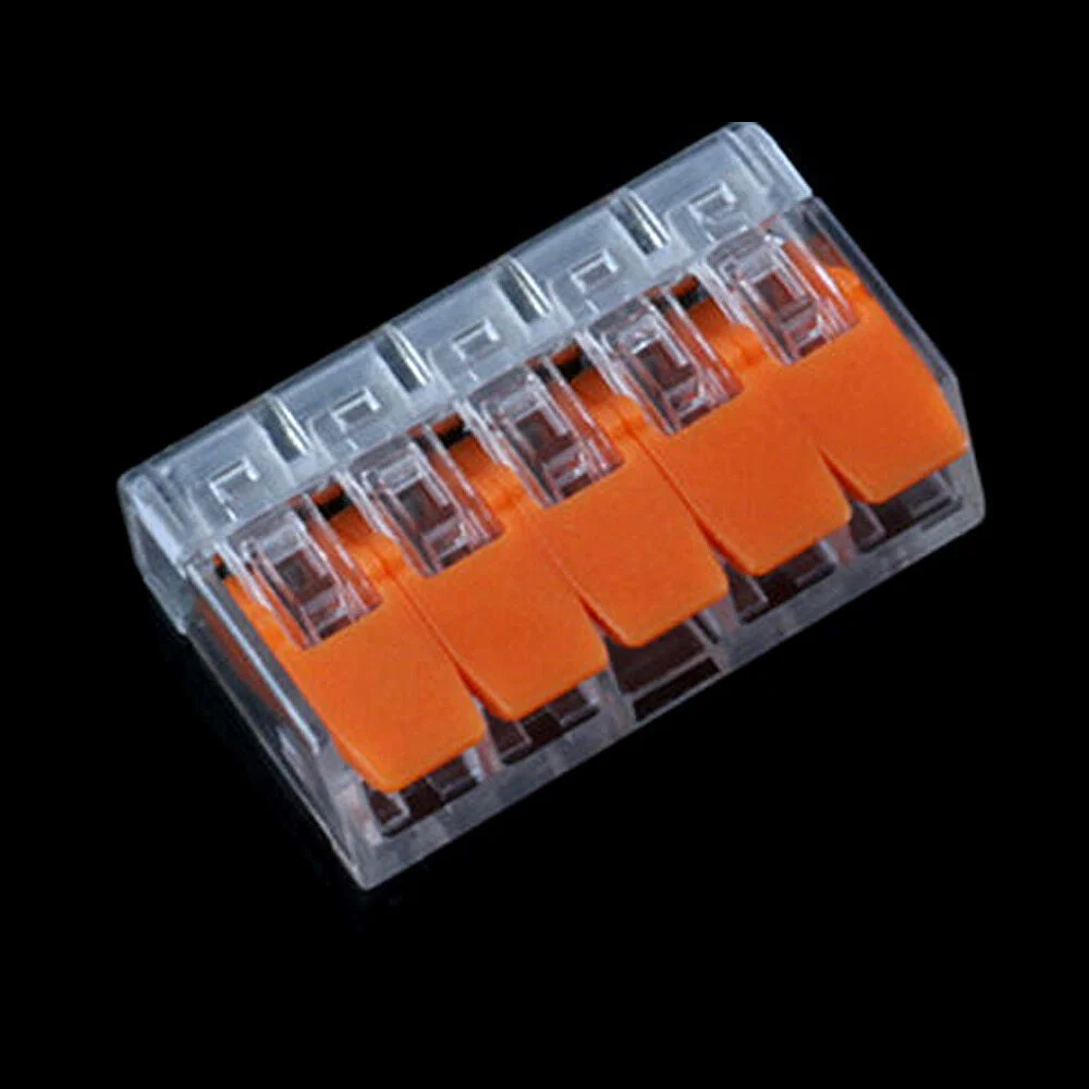 Five clear orange connectors with spring lever push fit design for 32A electrical wiring, shown side by side