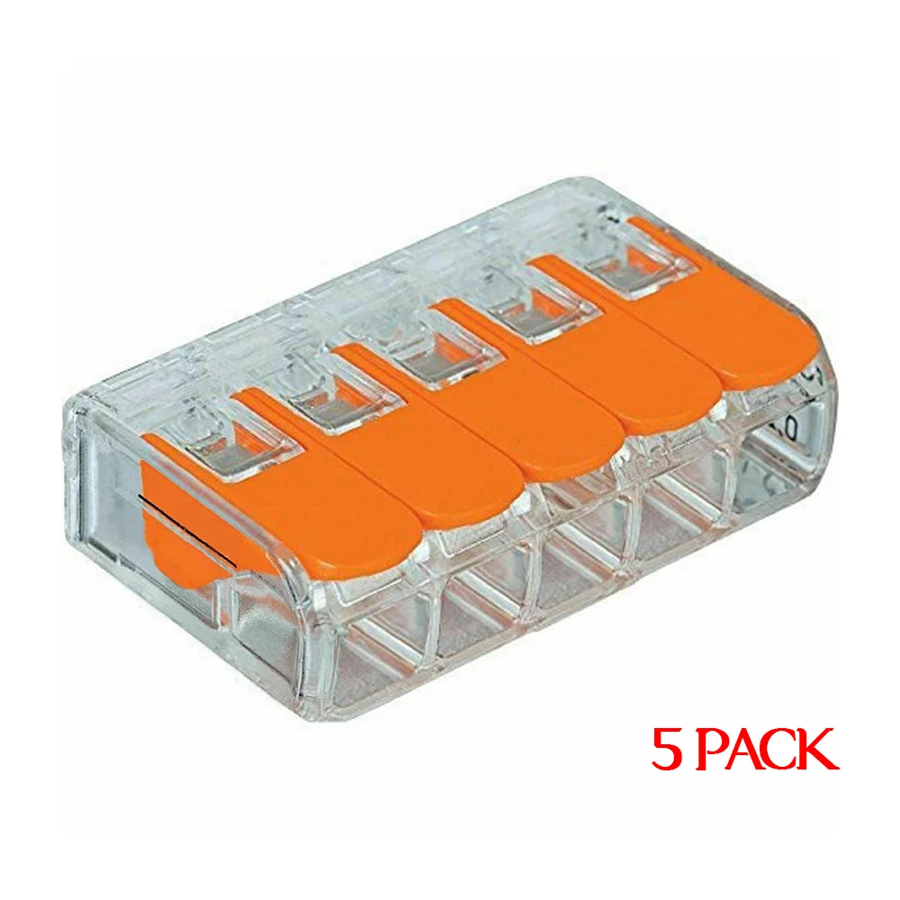 Clear and orange 5 way push fit electrical connectors with spring levers for secure wire connections, 32A rating