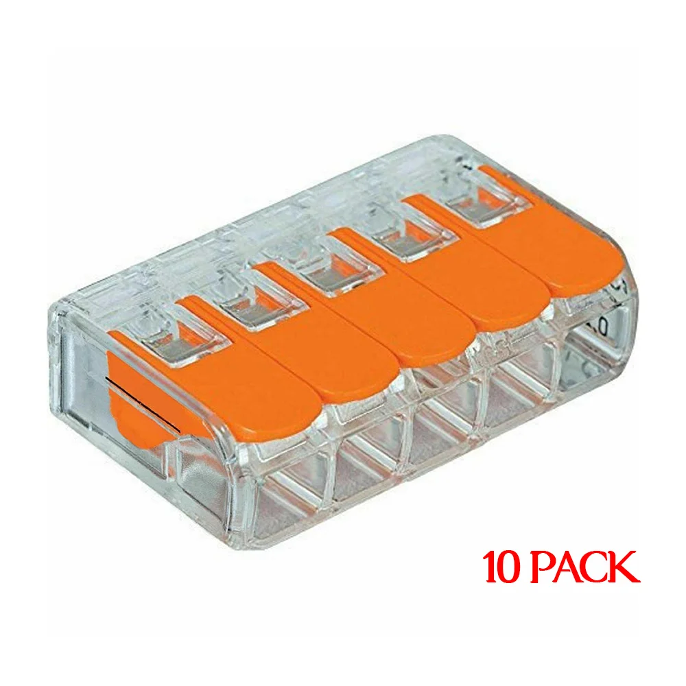 Clear and orange 5 way push fit electrical connectors with spring levers for secure wire connections, 32A capacity.