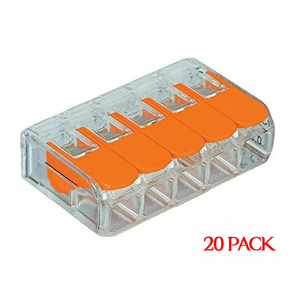 Clear and orange 5 way push fit electrical connectors with spring levers for secure wire connections, 32A rating.