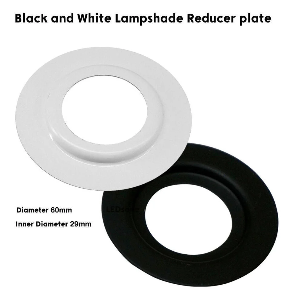 Two metal lampshade reducer rings in white and black, used to fit continental shades to standard ring sizes, 60mm diameter