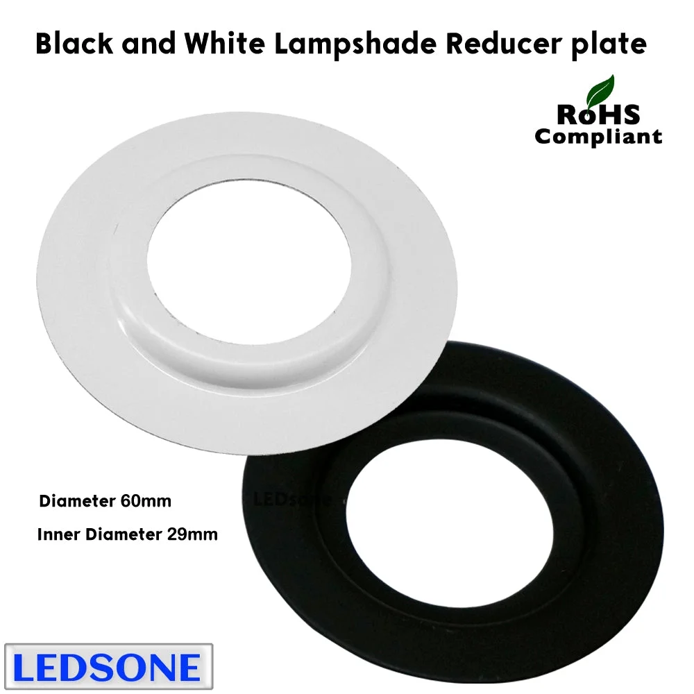 Two metal lamp shade ring reducer plates in white and black, designed to fit different lamp shade sizes