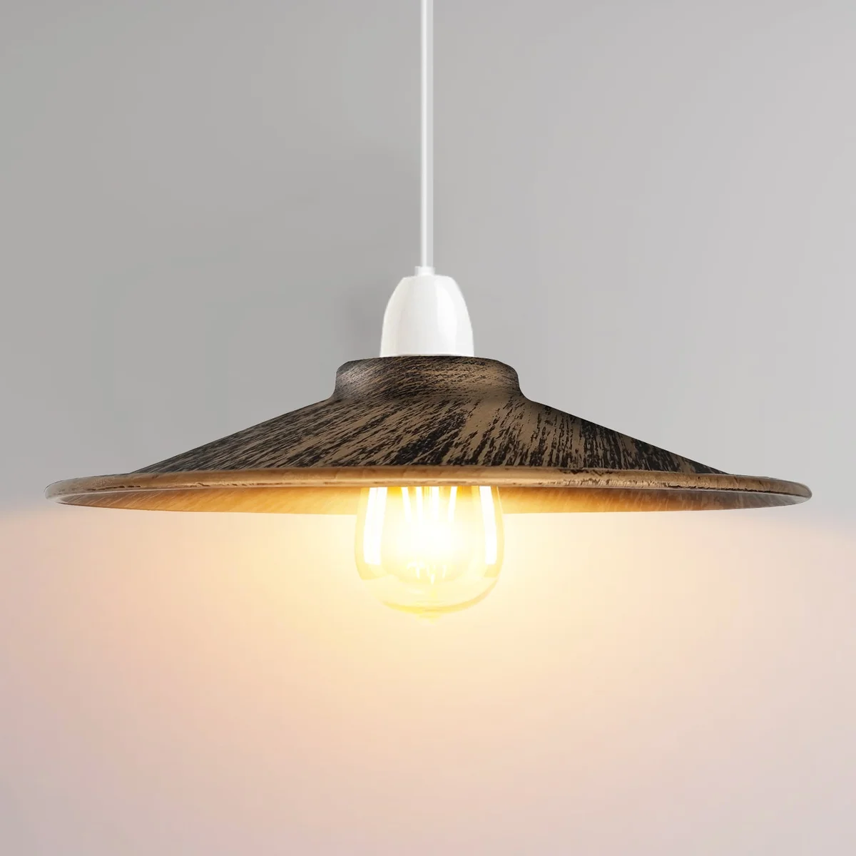 Vintage industrial flat metal easy fit lamp shade 22cm with removable reducer plate on white background
