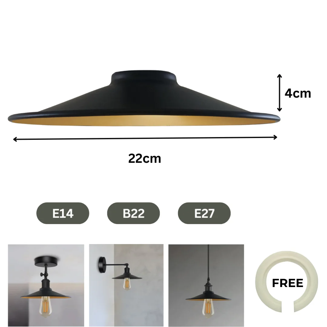 Flat vintage industrial pendant light shade in metal with a rustic finish, 22cm diameter, shown from side angle