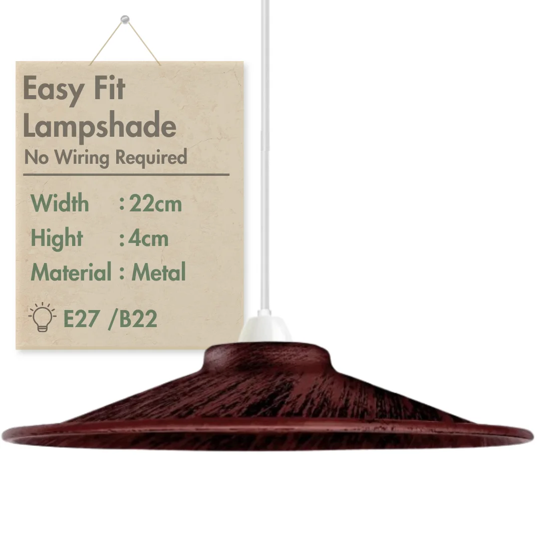 Flat vintage industrial metal E27 lamp shade 22cm diameter with removable reducer plate on white background