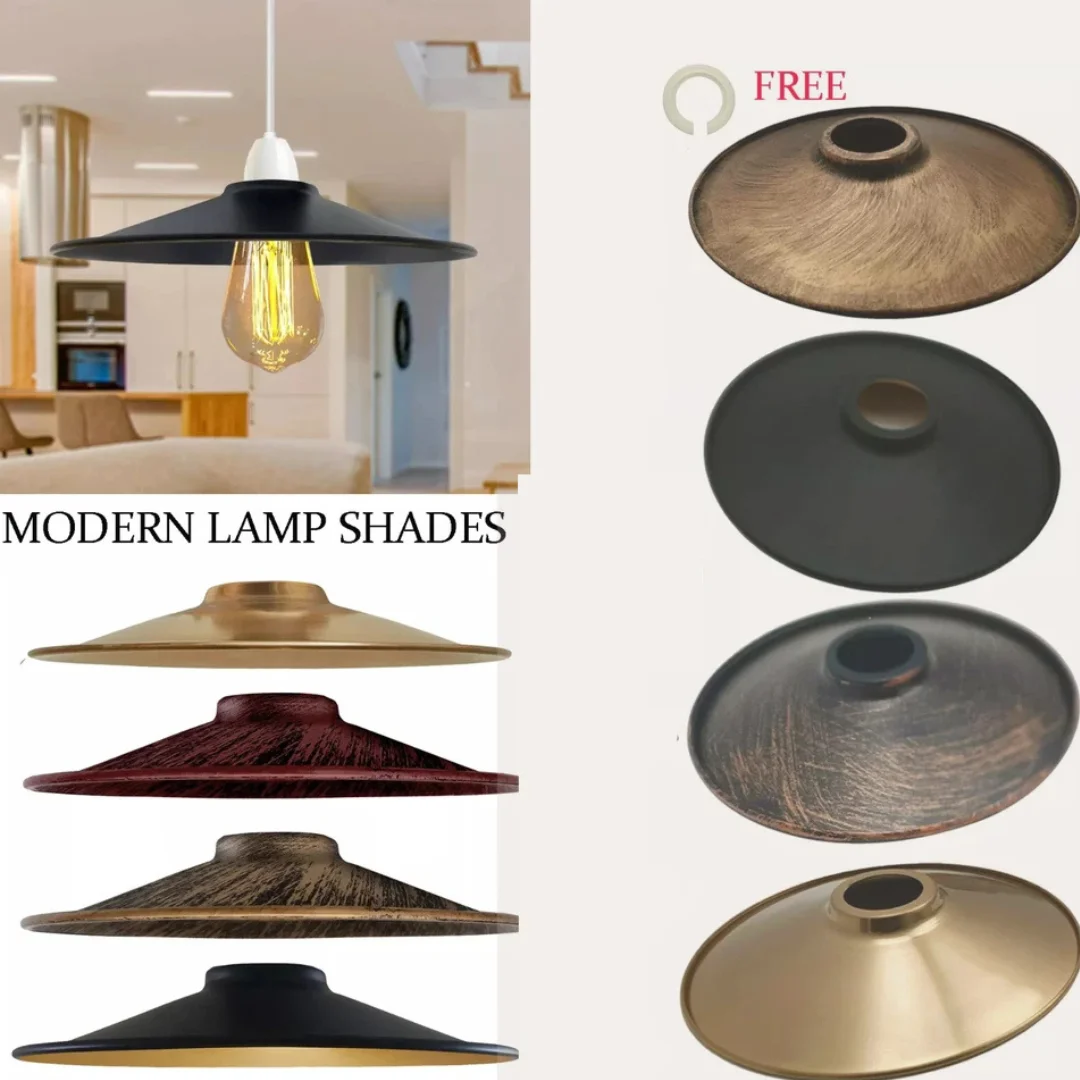 Flat vintage industrial metal B22 lamp shade 22cm diameter with rustic finish and removable reducer plate on white background