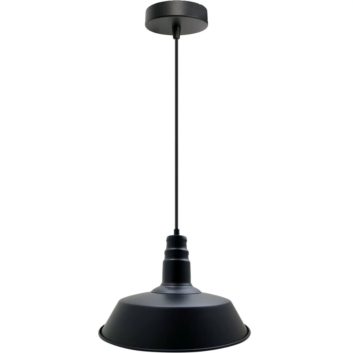 Black vintage ceiling light pendant with metal shade and exposed filament bulb hanging from adjustable wire
