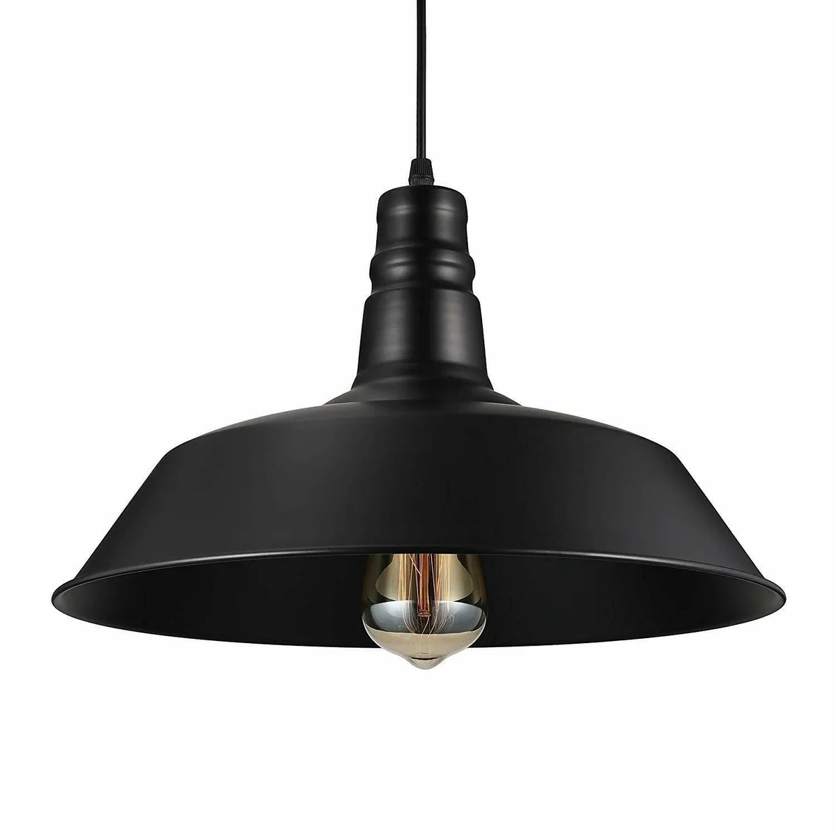 Black metal ceiling pendant lamp shade with vintage style, adjustable wire, and included E27 bulb on white background