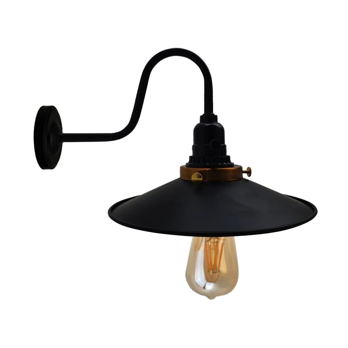 Black retro industrial metal wall light with cage design and E27 lamp holder mounted on wall with PVC wire