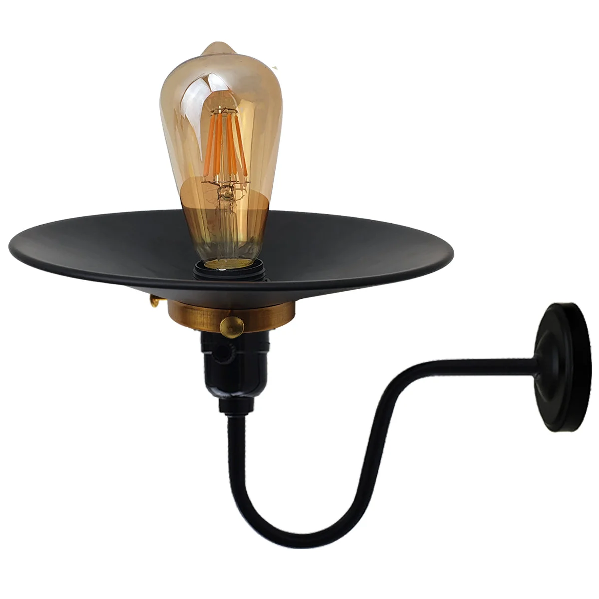 Black retro industrial metal E27 wall light with cage design and long PVC wire hanging on white wall background