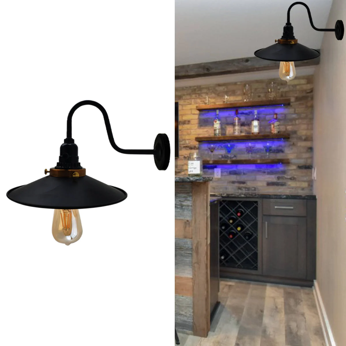 Black metal wall light with retro industrial lily cage design, E27 socket, and 95cm PVC wire hanging on white wall