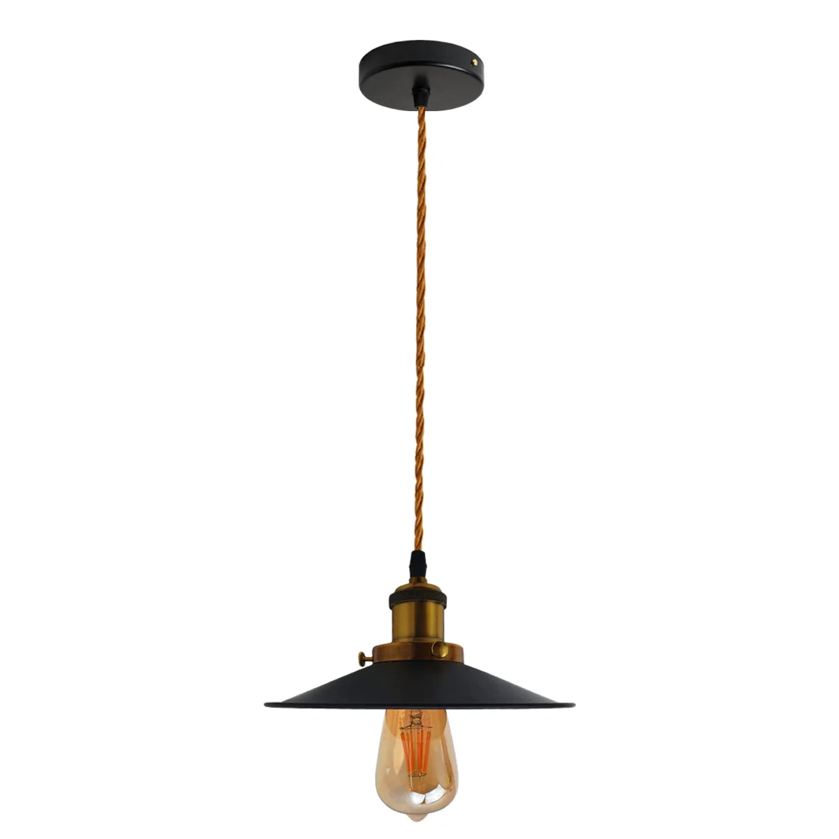 Black vintage industrial pendant light with metal shade and adjustable 95cm fabric cable hanging from ceiling