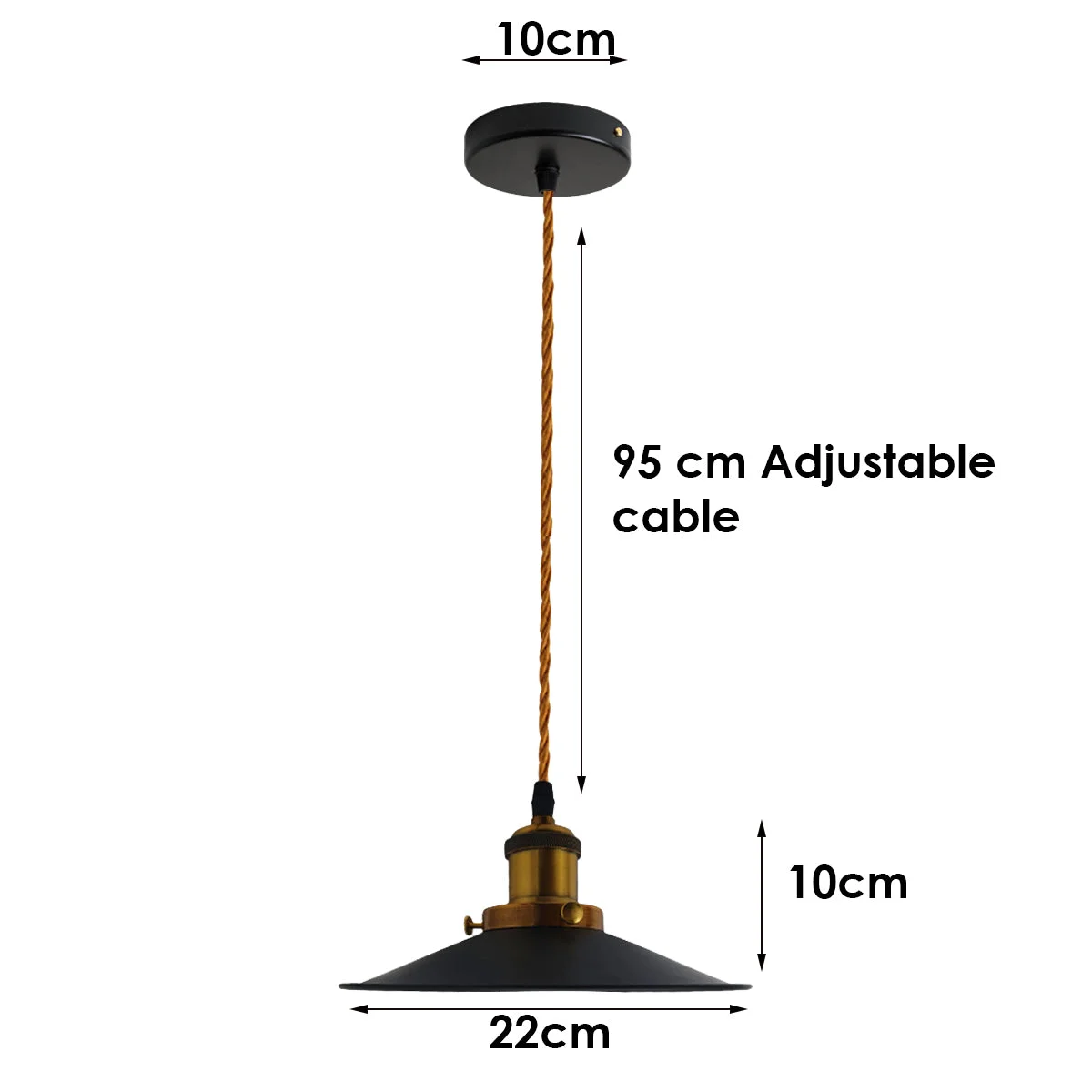 Vintage industrial black metal pendant light with fabric cable and metal ceiling shade, no bulb included