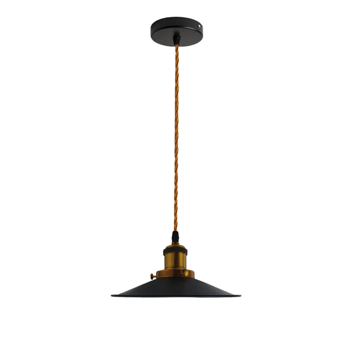 Vintage ceiling light with black metal shade and adjustable 95cm fabric cable hanging from ceiling plate