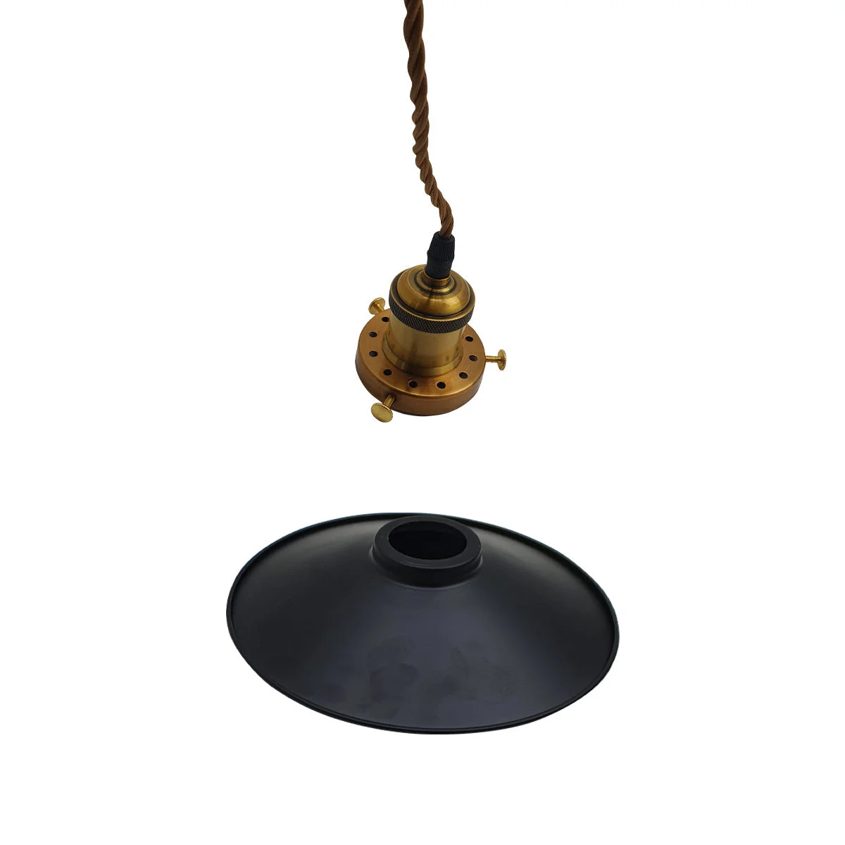 Black vintage industrial E27 pendant lamp with metal shade and adjustable 95cm fabric cable hanging from ceiling