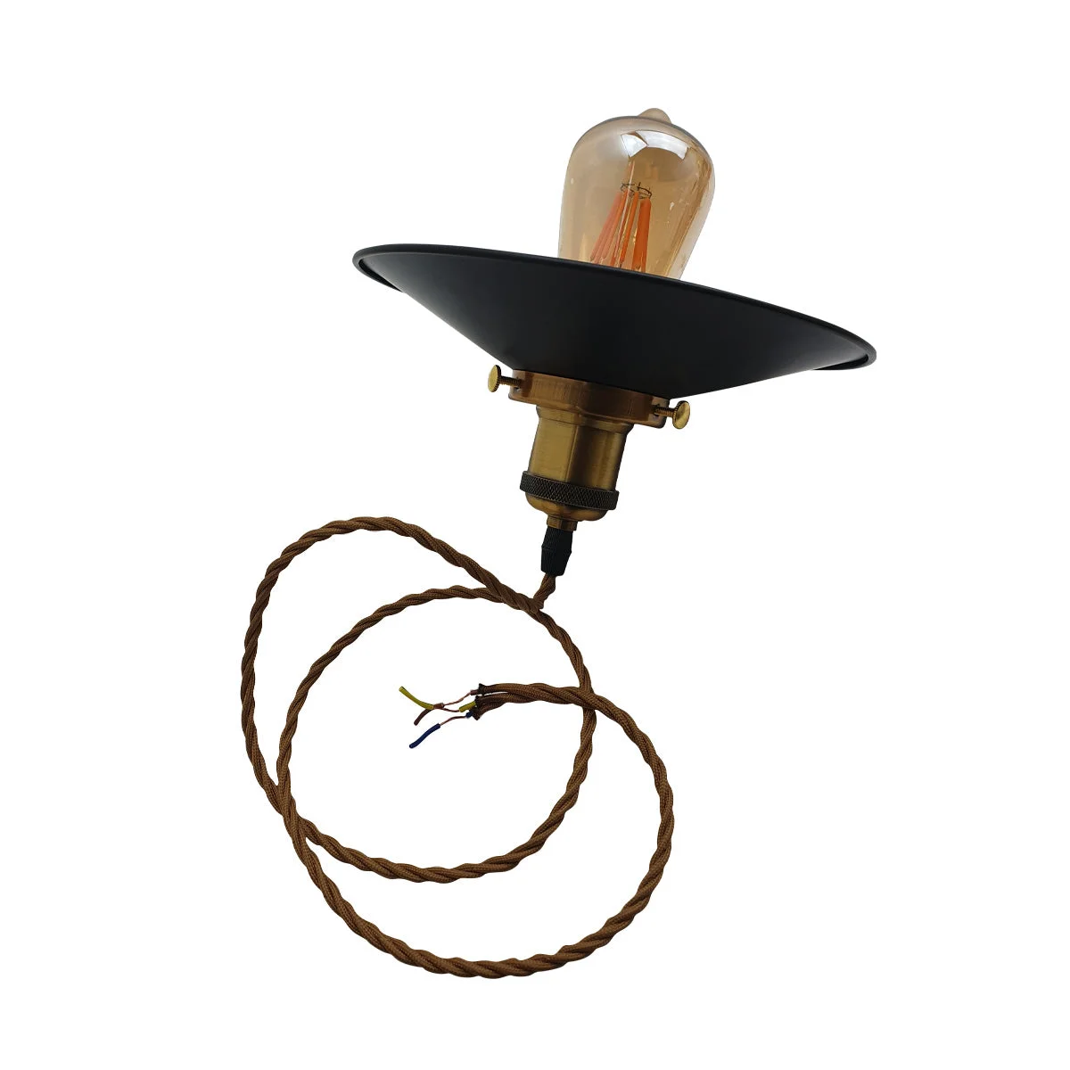 Black vintage industrial adjustable hanging light with metal shade and 95cm fabric cable, ceiling mounted with E27 holder