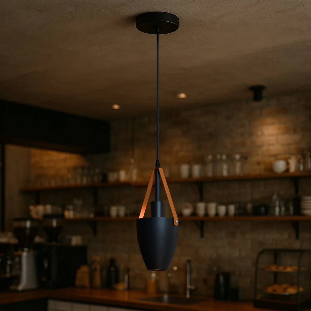 Matte black metal adjustable pendant light with brown leather strap and 95cm hanging cable, vintage industrial style ceiling lamp