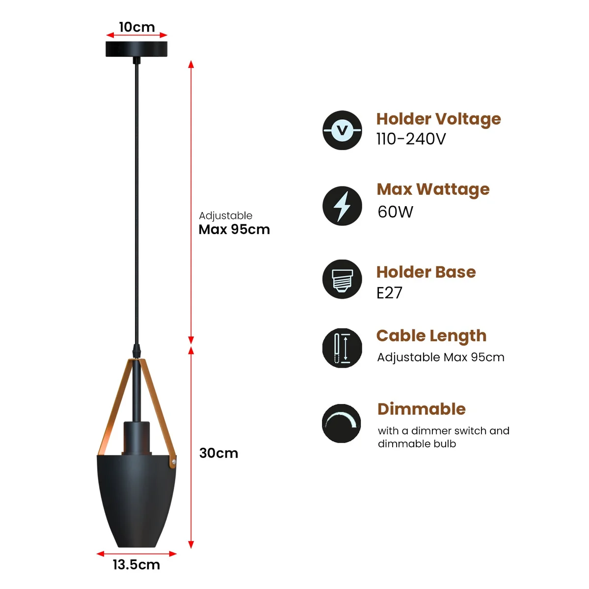Single head metal ceiling pendant light with matte black shade and brown leather strap hanging from adjustable 95cm cable