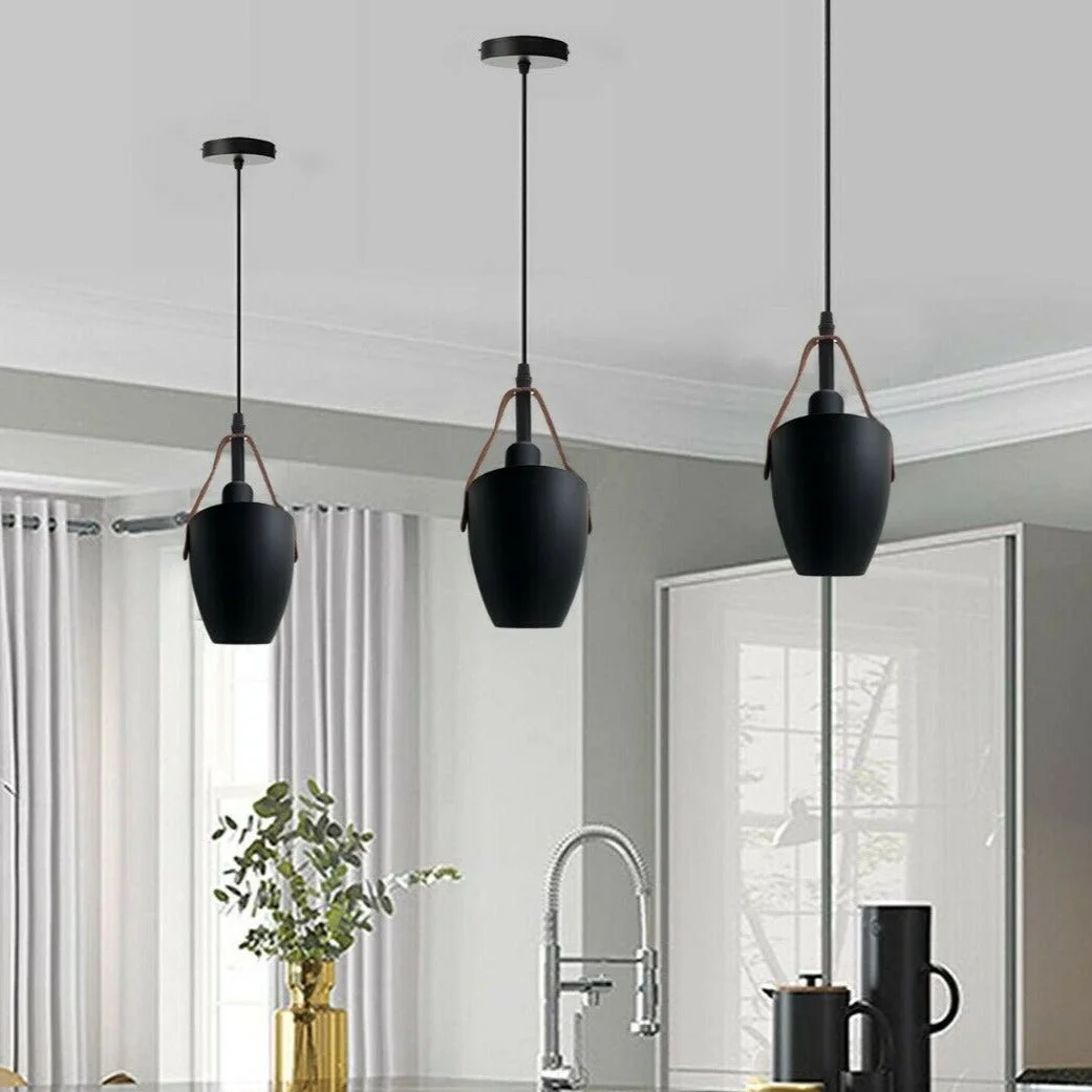 Matte black metal single head pendant light with brown leather strap and adjustable 95cm cable for E27 bulb pendant installation