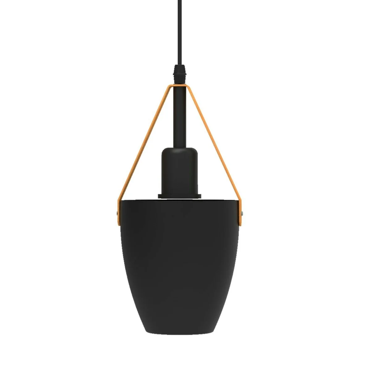Adjustable black metal pendant light with matte shade and brown leather strap hanging from ceiling fixture