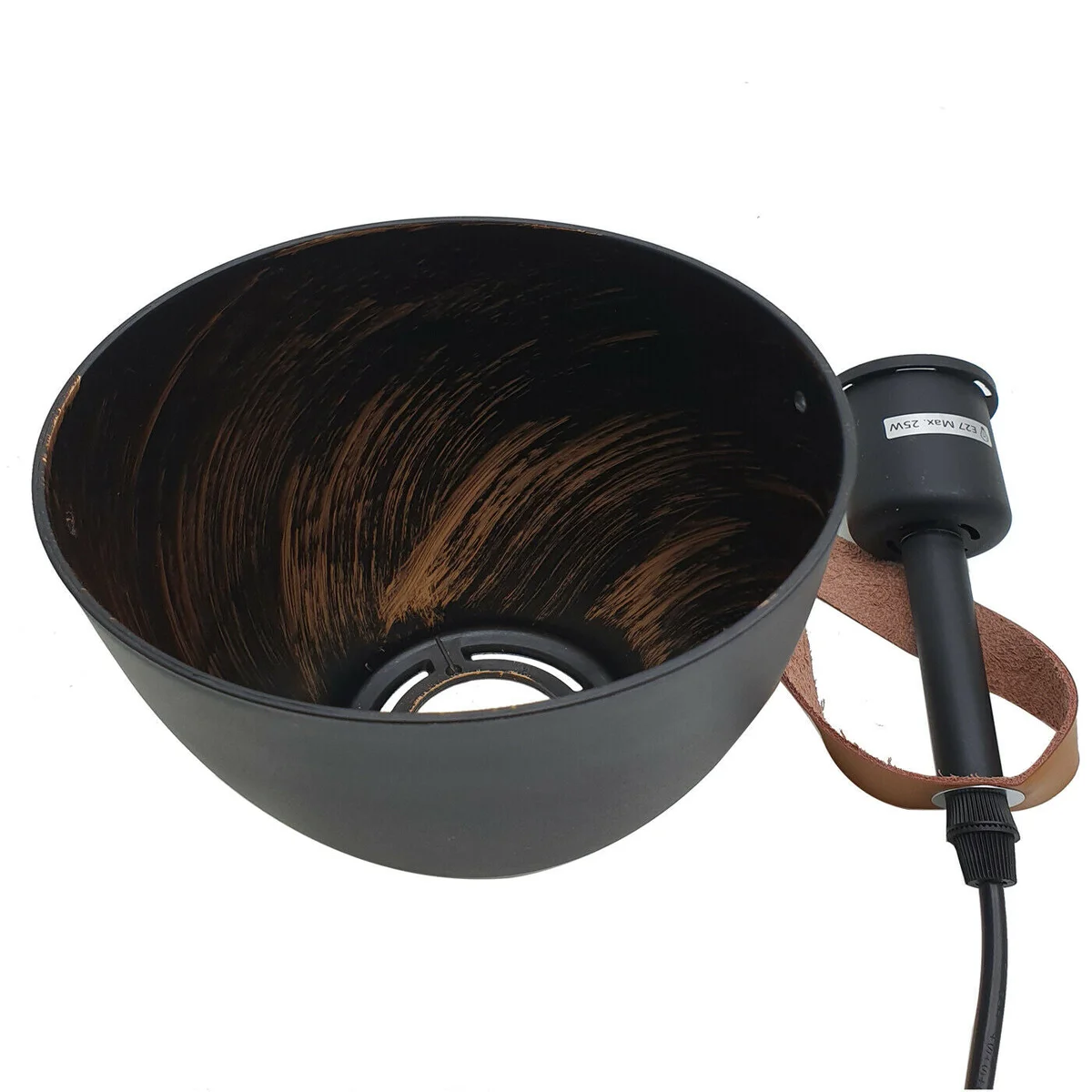 Matte black metal pendant light with adjustable hanging cable and brown leather strap light accent, ceiling mounted fixture
