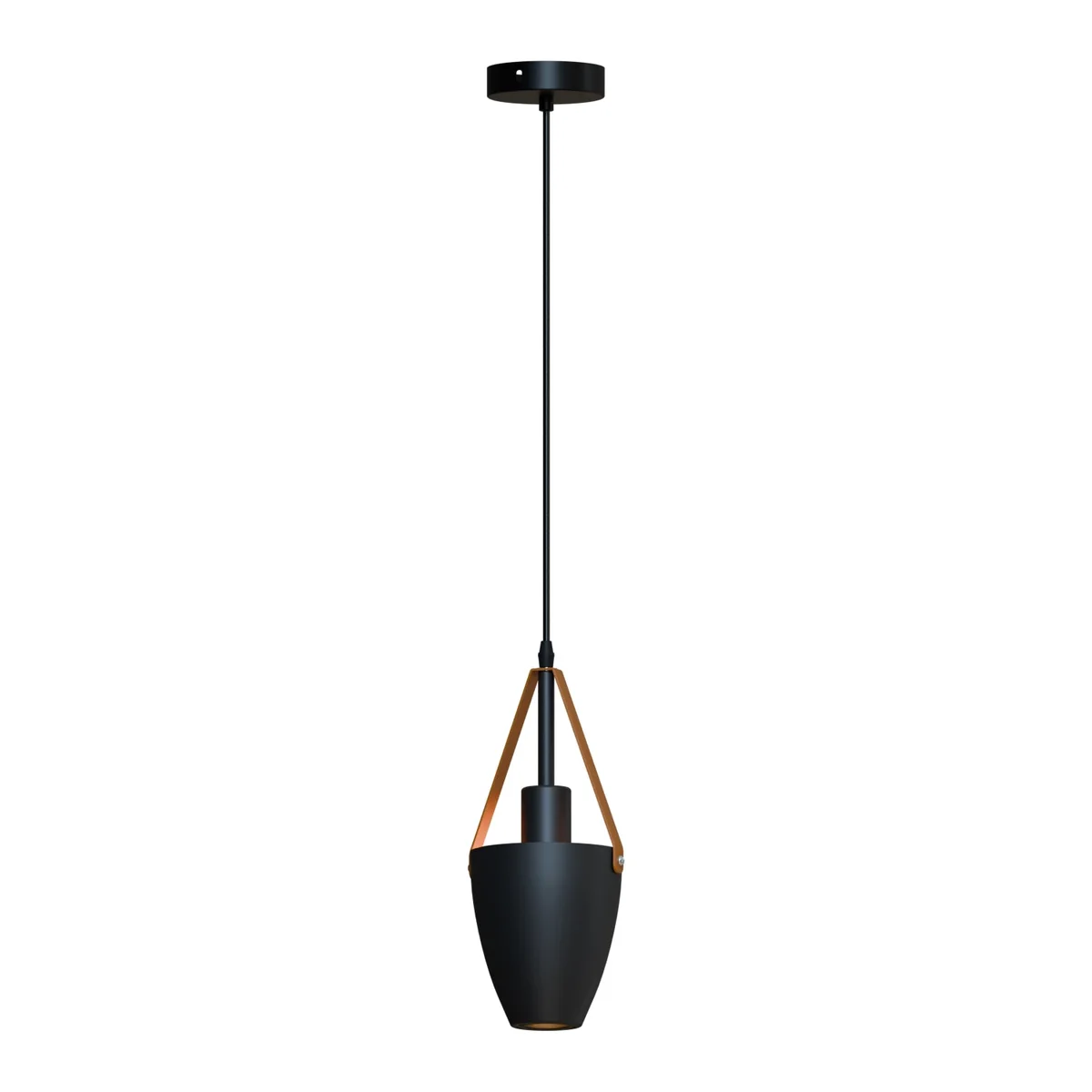 Matte black metal adjustable pendant light with brown leather strap hanging from ceiling, vintage industrial style