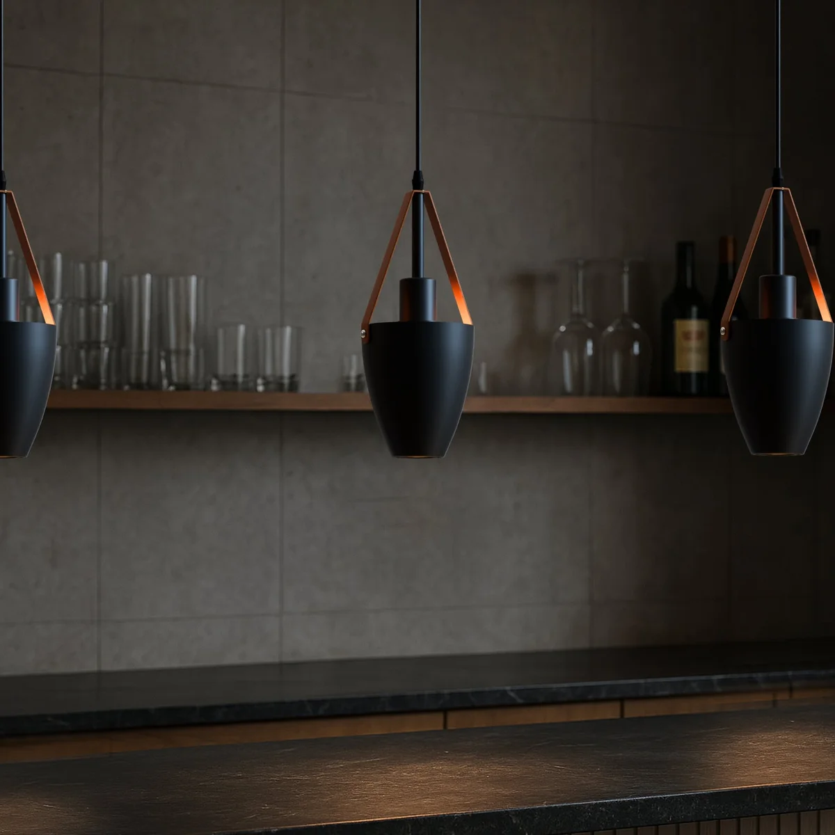 Adjustable pendant light with matte black metal shade and brown leather strap hanging from ceiling, vintage industrial style