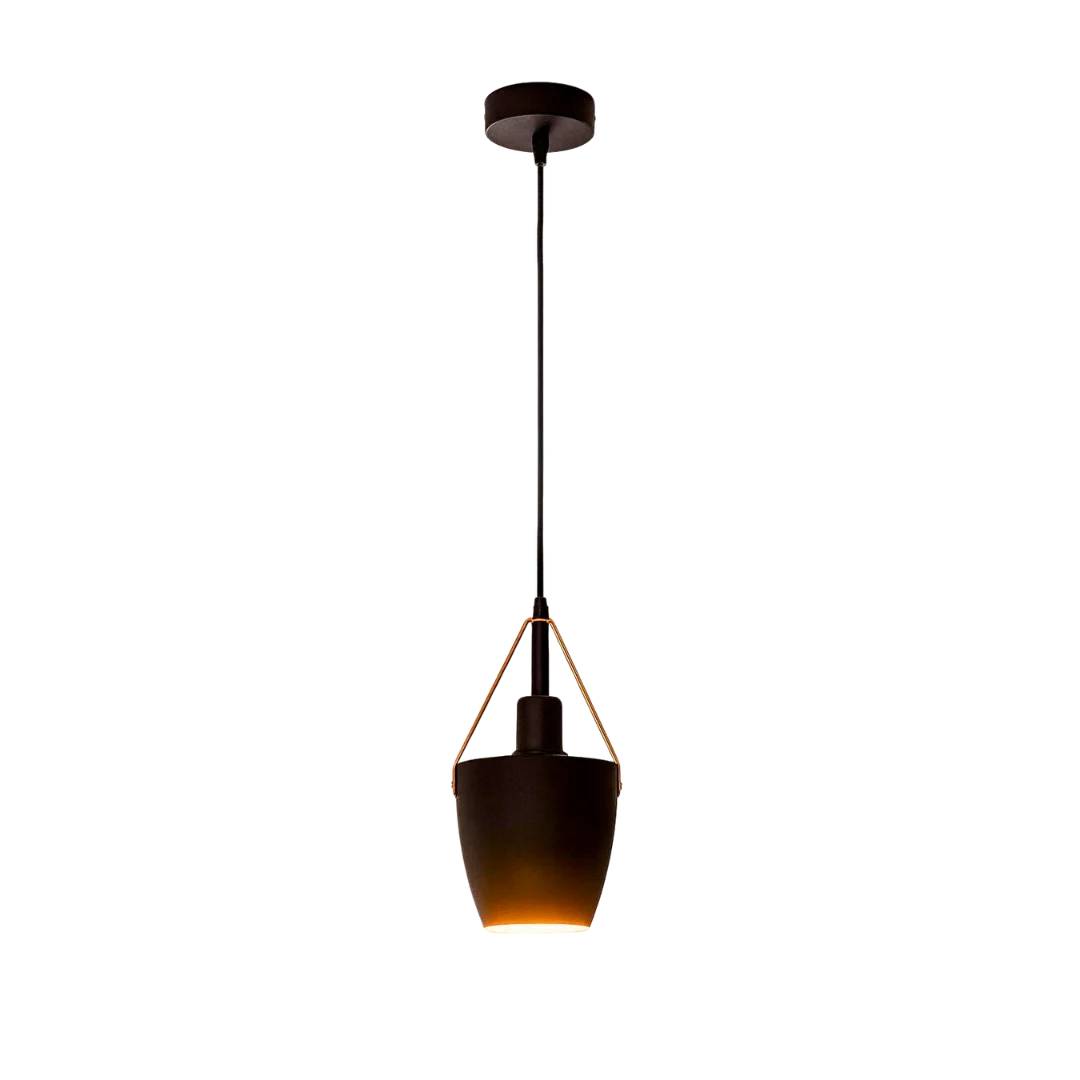 Matte black metal adjustable pendant light with brown leather strap hanging from ceiling, vintage industrial style