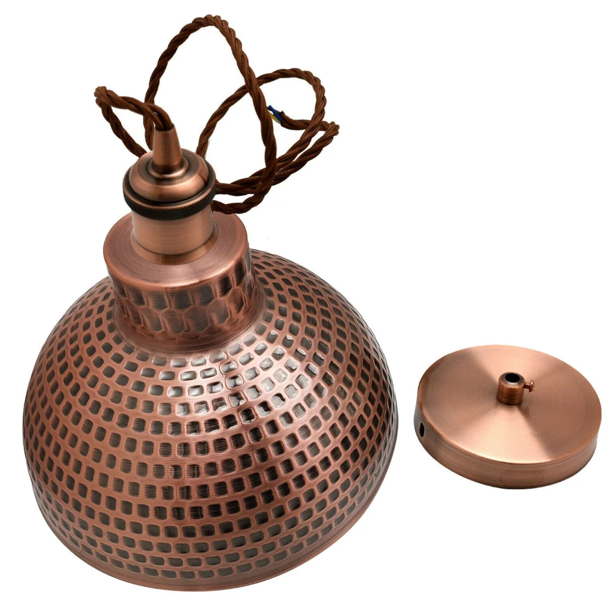 Copper pendant light with adjustable metal shade and white interior, designed for sloped ceilings, no bulb included