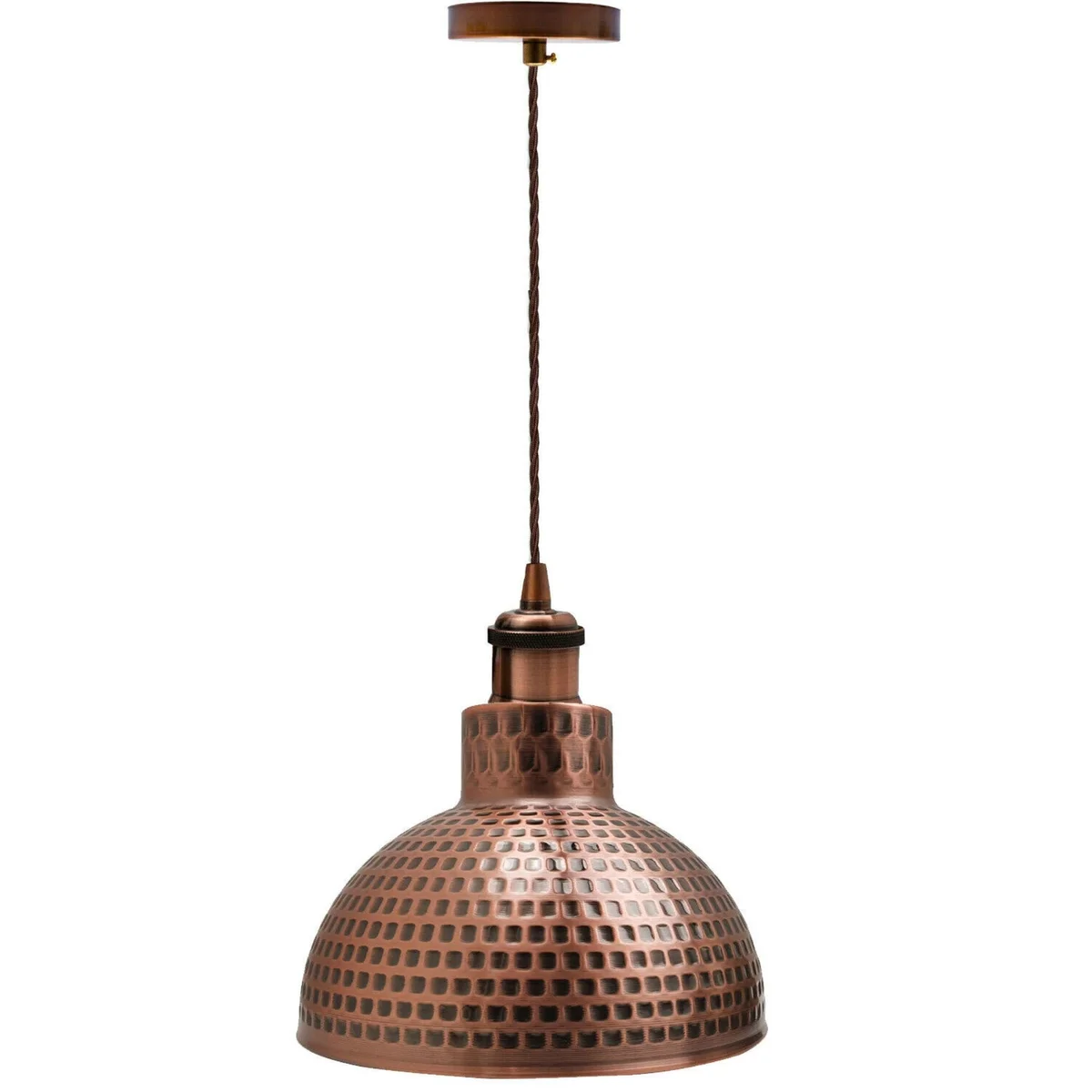 Copper metal pendant light with white interior shade and adjustable E27 lamp holder hanging from ceiling wire