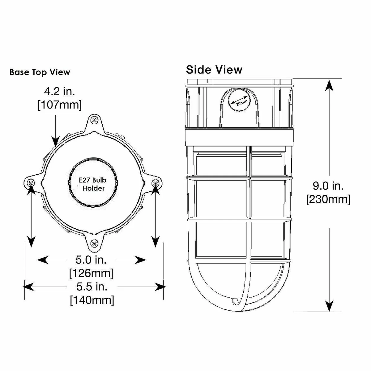 Black vintage-style E27 wall light bulkhead with metal frame and glass lampshade mounted on wall