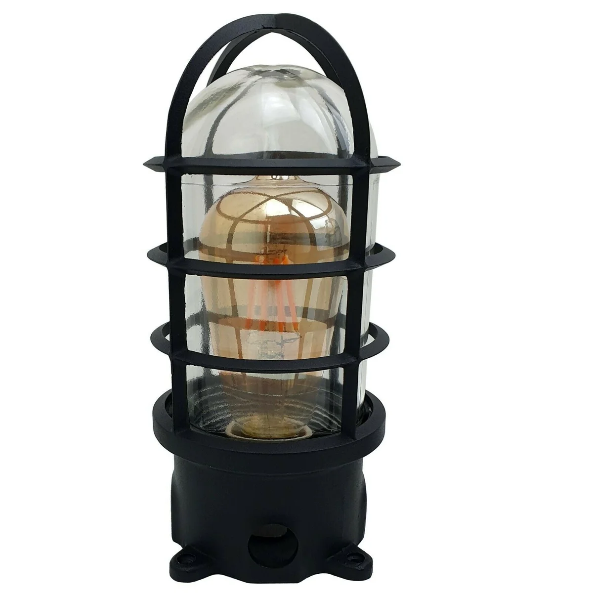 Retro nautical lighting bulkhead fixture with black metal frame and glass shade, E27 base, wall‑mounted.