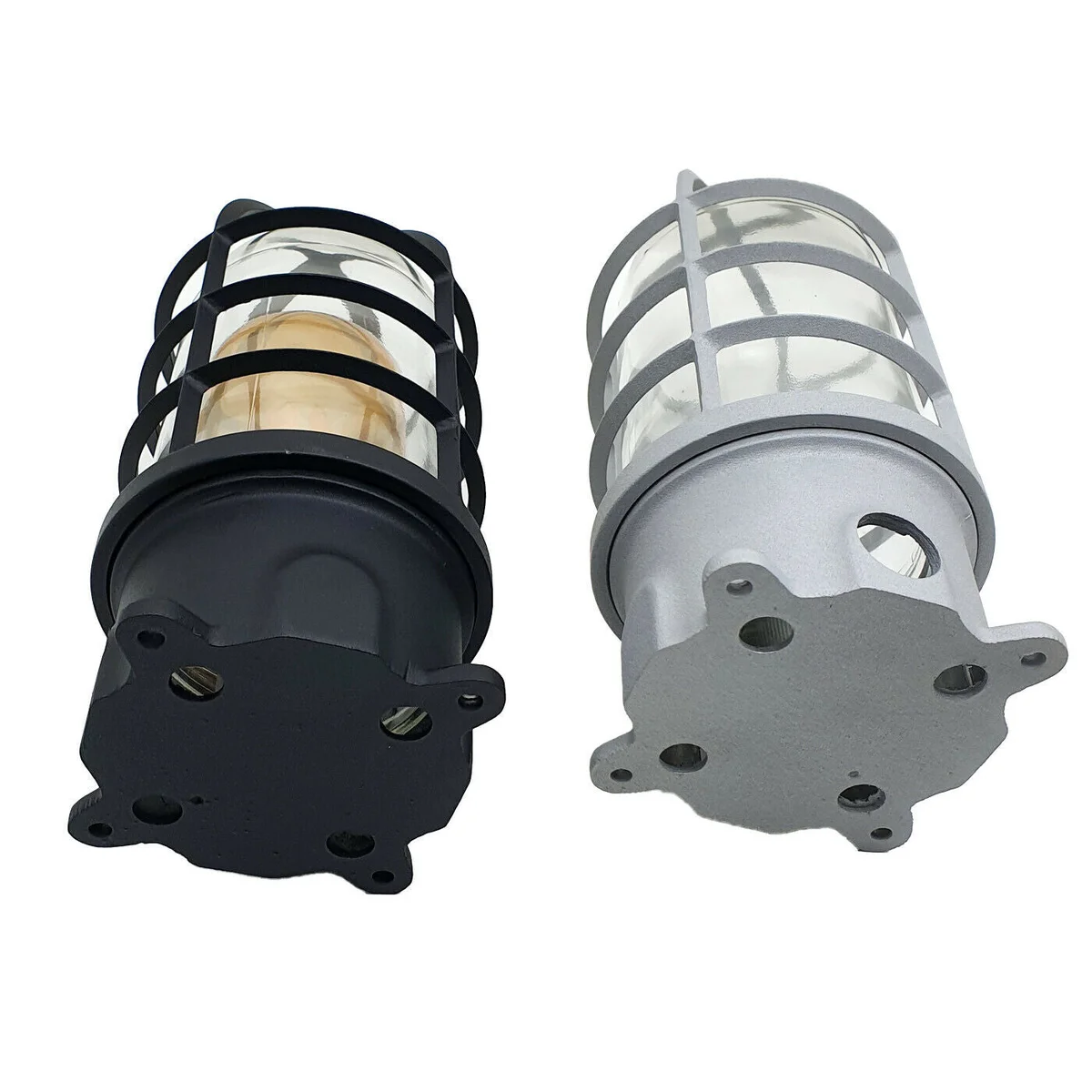 Black nautical bulkhead light with glass lampshade and metal frame mounted on wall