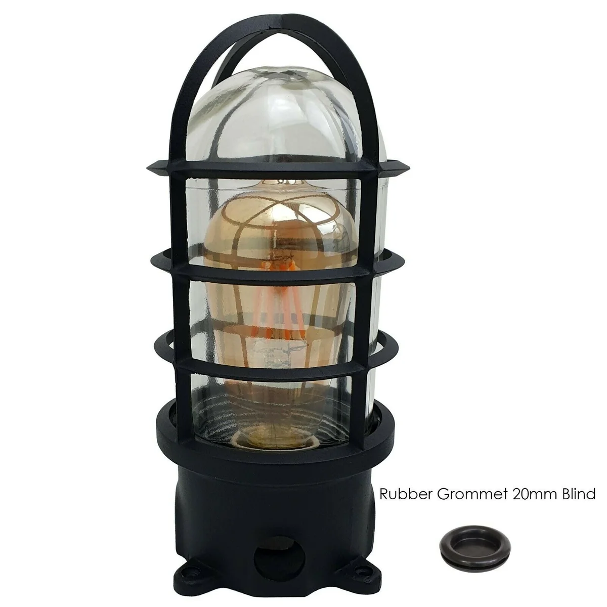 Black nautical bulkhead light with metal frame and glass shade, mounted on wall – vintage coastal style.