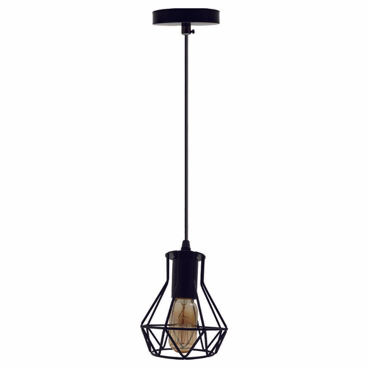 Modern black metal pendant light with single cage shade and exposed bulb hanging from ceiling plate