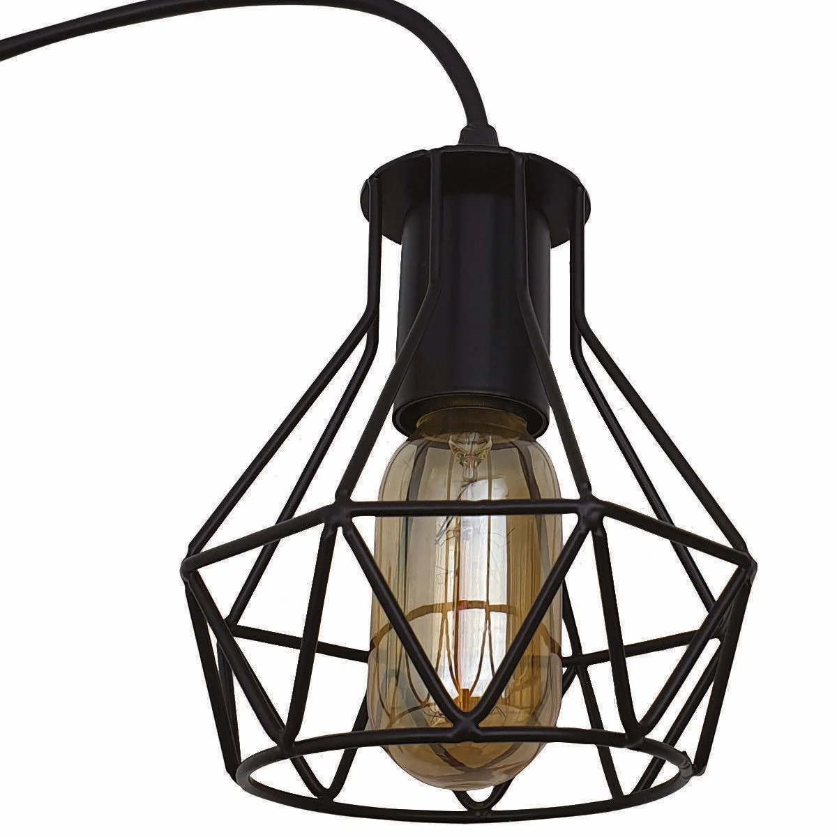 Modern ceiling light with black metal cage shade and single E27 bulb holder hanging from ceiling plate