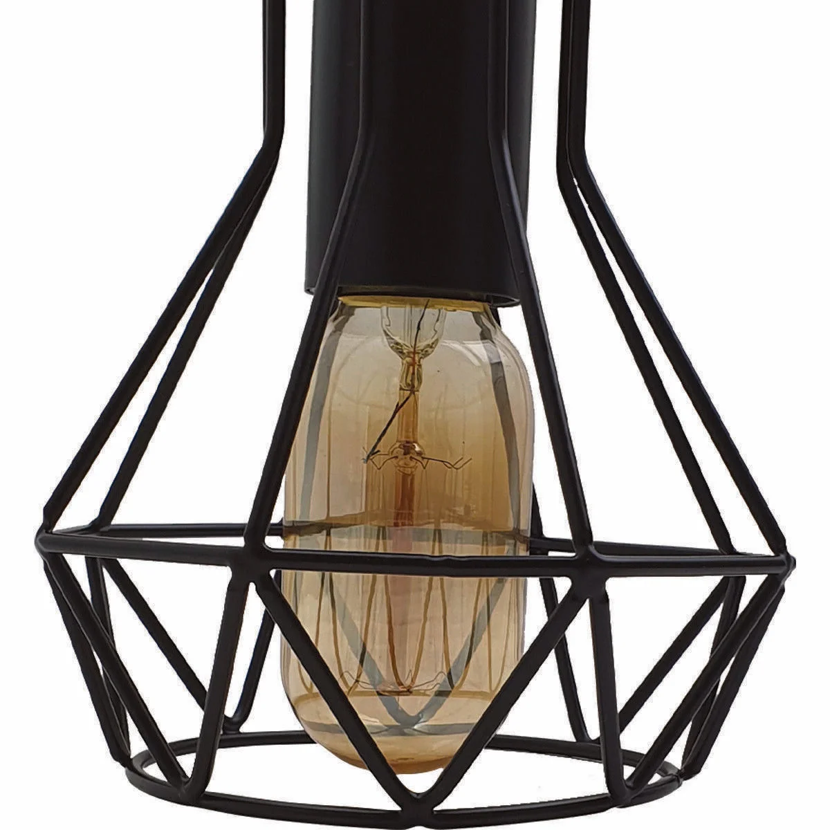 Black metal cage E27 pendant lamp hanging from ceiling with visible bulb and 95cm PVC cable in modern industrial style