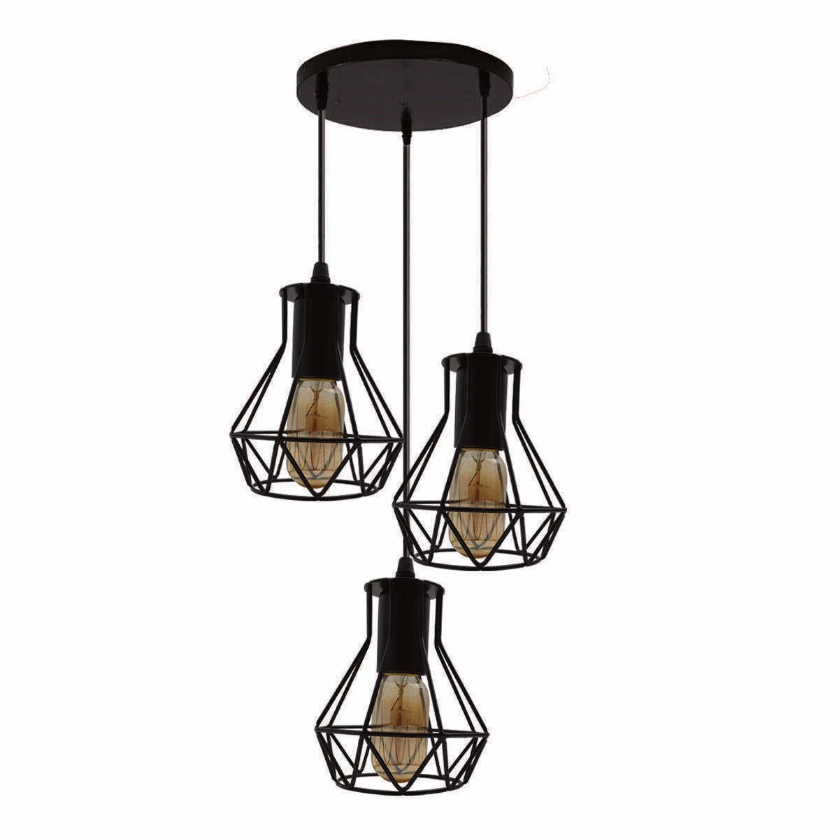 Black metal 3 head pendant light with cage design and 95cm PVC cables hanging from ceiling plate