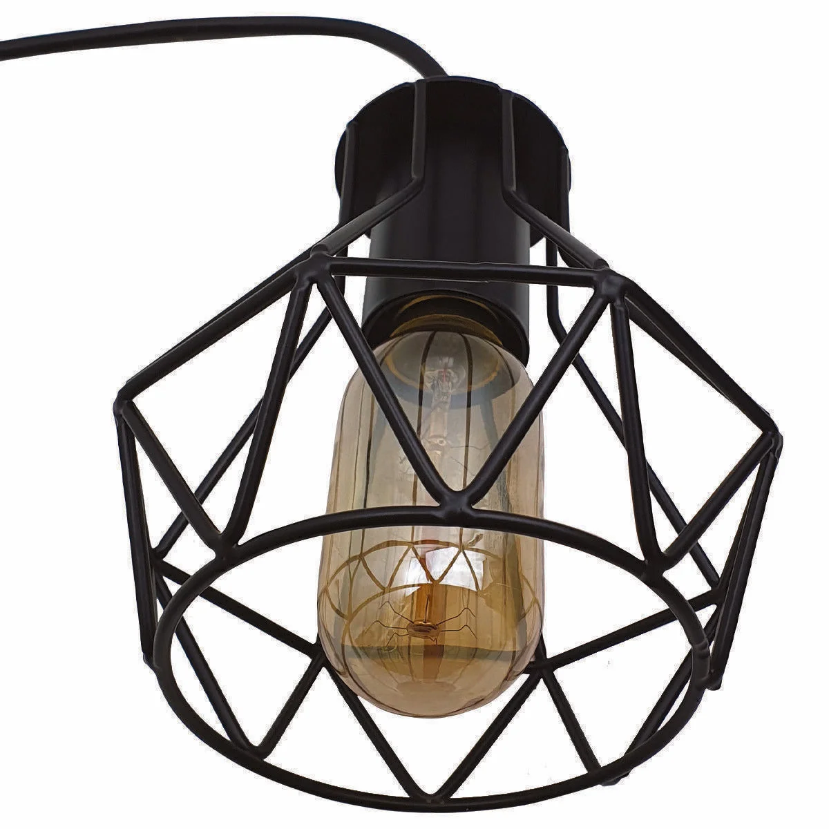 Modern ceiling pendant light with three black metal cage light shades and 95cm cables hanging from a round ceiling plate