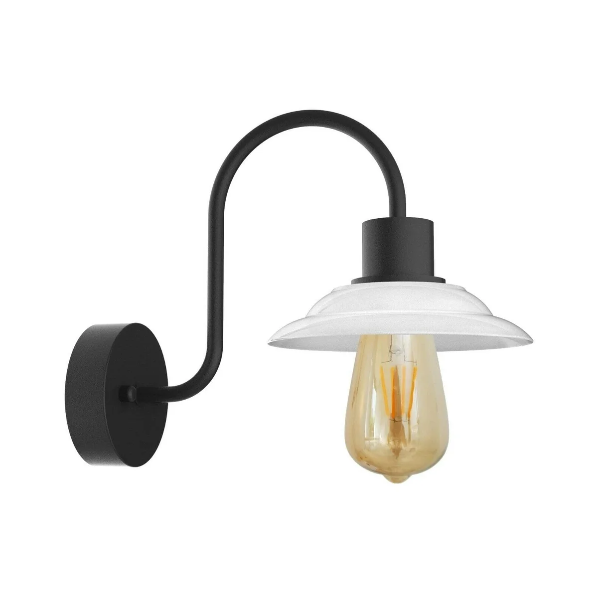 Vintage curved E27 LED wall light with white PVC shade and metal gooseneck arm, mounted on a white wall background