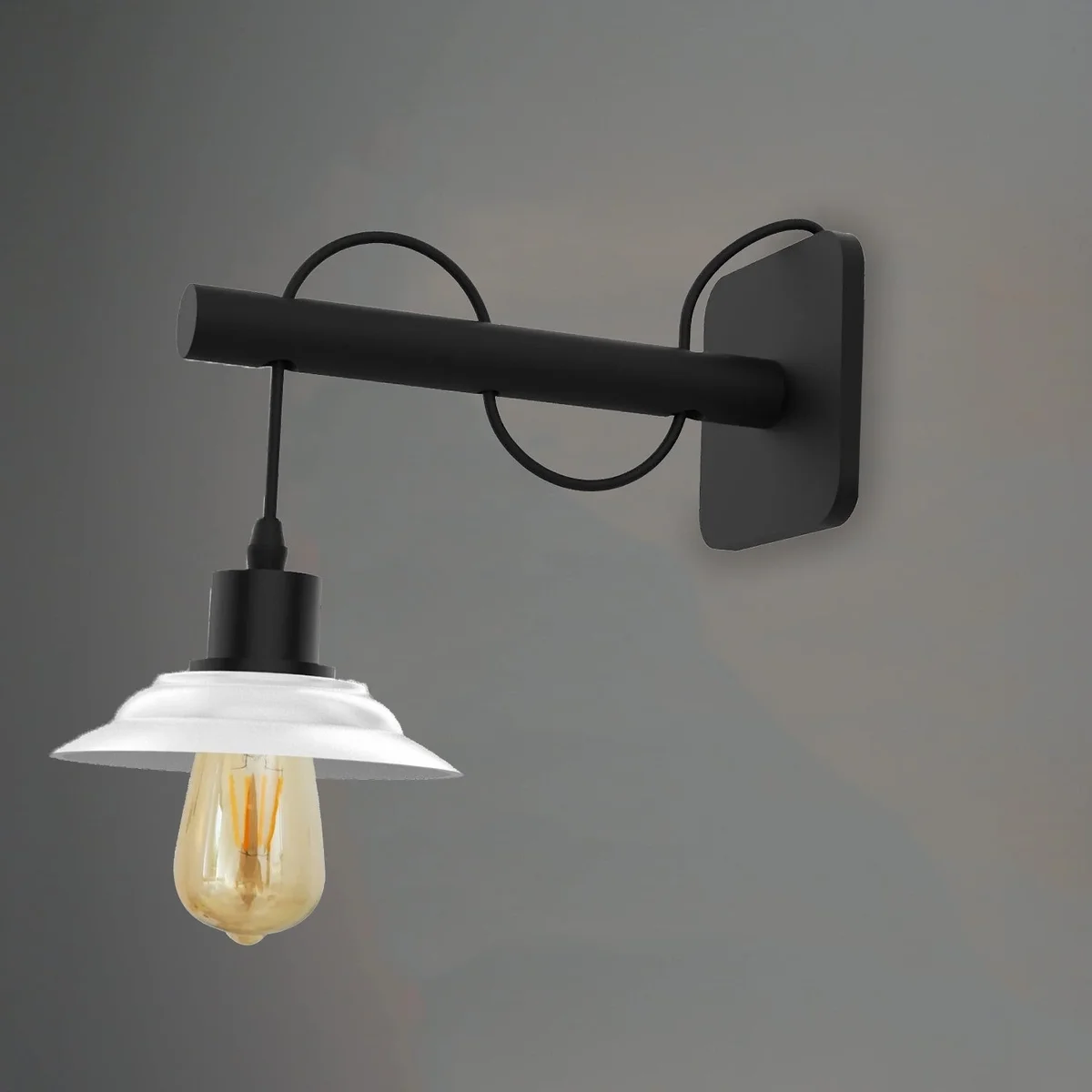 Modern wall light with black industrial scone base and white ceramic shade, suitable for bedroom or hallway lighting.