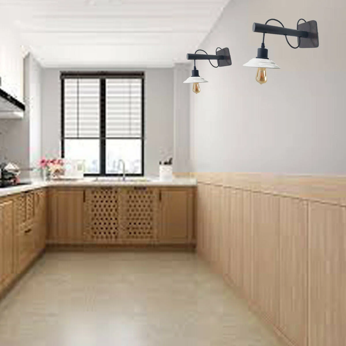 Modern industrial black sconce wall light with white ceramic shade lamp mounted on a wooden wall panel